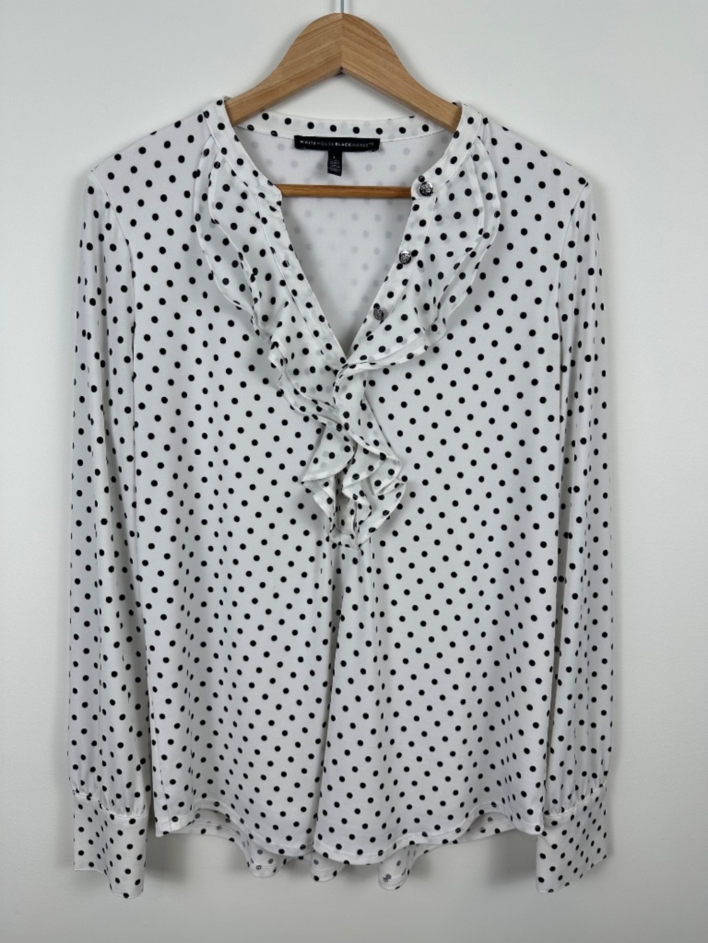 White House Black Market Polka Dot Ruffle Blouse, Parisian Chic, Classic, Size L